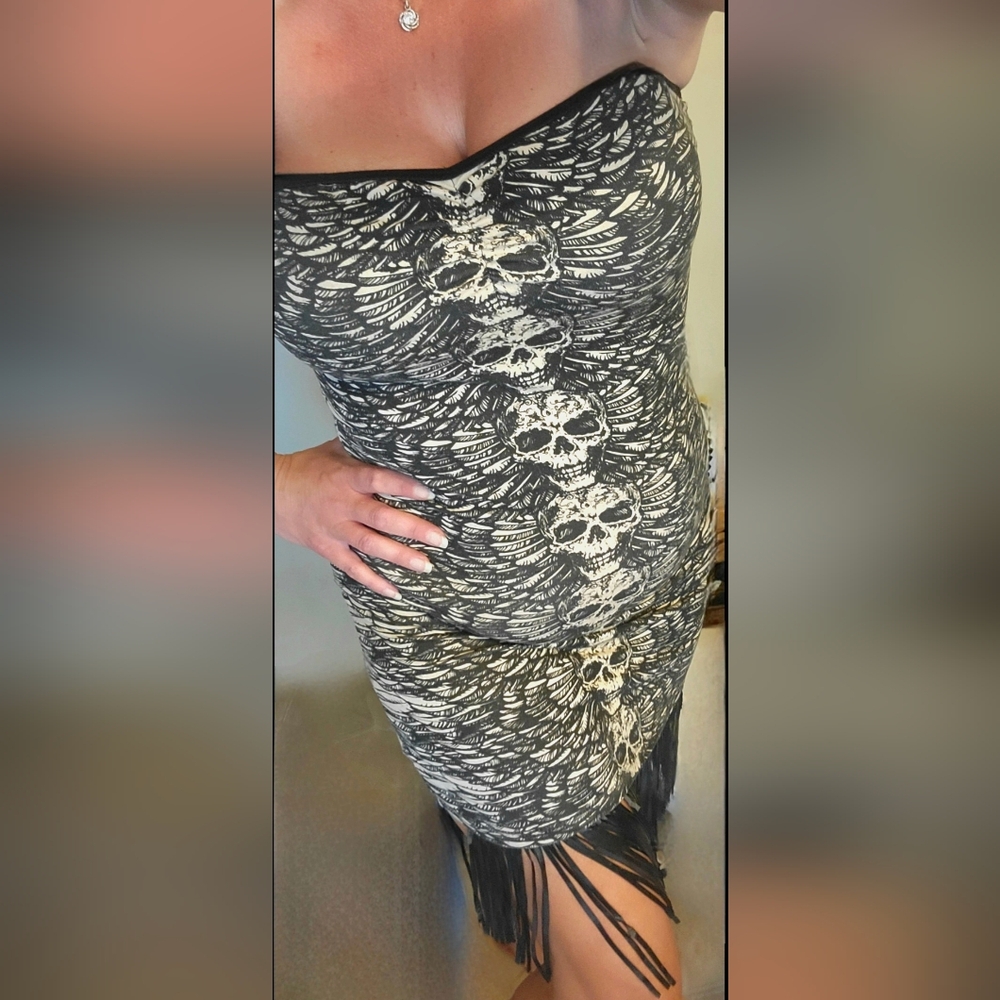 Vtg Lip Service white blk graphic skull wings tube top bodycon fringe dress XL - Picture 10 of 16